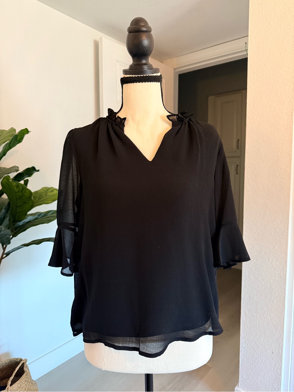 Cece Black V-Neck Ruffle Detail Blouse
